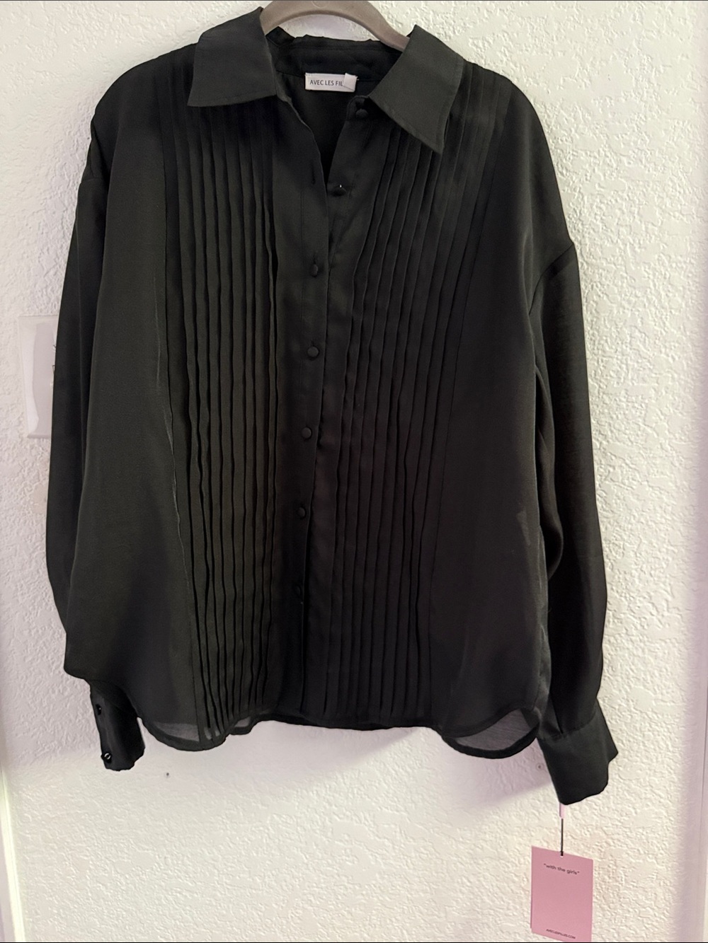 Avec Les Filles Black Pleated Tuxedo Front Button-Up Dress Shirt NWT